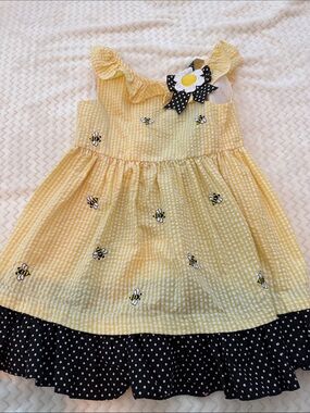 Yellow Bee Print Girls' Dress with Polka Dot Trim